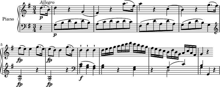 
\version "2.18.2"
\header {
  tagline = ##f
}
upper = \relative c' {
  \clef treble 
  \key g \major
  \time 3/4
  \tempo "Allegro"
  \tempo 4 = 130
  %\autoBeamOff

 \partial 4 d'8. \p ^\markup{ \italic {Allegro } } (b16)
  d4 r g,
  (fis) r a'8. (fis16)
  a4 r c,
  (b) r g'8. (fis16)
  fis8\fp (e) e4 g8. (e16)
  e8\fp (d) d4 g8. (d16)
  d4-! d-! d-!
  d16 e fis g a b c d c b a g
  fis e d c b d b g a c a fis
  g4 r 


}

lower = \relative c {
  \clef bass
  \key g \major
  \time 3/4
   \partial 4  r4
  g'8 \p (b d b d b)
  a (c d c d c)
  fis, (a d a d a)
  g (b d b) g4
   \clef treble
  <c g>2  \fp r4
  <b g>2  \fp r4  \clef bass
  <a c>4 \f (<g b> <fis a>)
  <g b> r <e g>
  r  << { \stemDown d2 g4} \\ {\stemUp  g4 ^ ( c) b } >>
  g,4 r
} 

\score {
  \new PianoStaff <<
    \set PianoStaff.instrumentName = #"Piano"
    \new Staff = "upper" \upper
    \new Staff = "lower" \lower
  >>
  \layout {
    \context {
      \Score
      \remove "Metronome_mark_engraver"
    }
  }
  \midi { }
}
