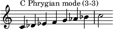  {
\override Score.TimeSignature #'stencil = ##f
\relative c' {
  \clef treble \time 7/4
  c4^\markup { C Phrygian mode (3-3) } des es f g aes bes c2
} }
