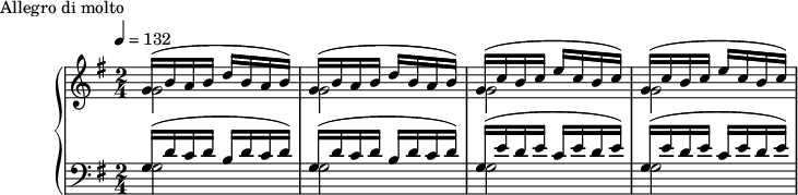 
\version "2.18.2"
\header {
  tagline = ##f
}
upper = \relative c'' {
  \clef treble 
  \key g \major
  \time 2/4
  \tempo 4 = 132
  %\autoBeamOff

   %%Montgeroult — Étude 25 (pdf p. 68)
   \repeat unfold 2 { << { g16( b a b d b a b) } \\ { g2 } >> }
   \repeat unfold 2 { << { g16( c b c e c b c) } \\ { g2 } >> }
  

}

lower = \relative c {
  \clef bass
  \key g \major
  \time 2/4

   \repeat unfold 2 { << { g'16( d' c d b d c d) } \\ { g,2 } >> }
   \repeat unfold 2 { << { g16( e' d e c e d e) } \\ { g,2 } >> }

}

  \header {
    piece = "Allegro di molto"
  }

\score {
  \new PianoStaff <<
    \new Staff = "upper" \upper
    \new Staff = "lower" \lower
  >>
  \layout {
    \context {
      \Score
      
    }
  }
  \midi { }
}
