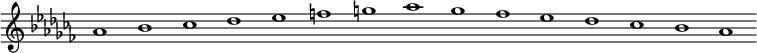 
\new Staff {
  \relative c'' {
    \key as \minor
    \override Staff.TimeSignature #'stencil = ##f
    \override Staff.BarLine #'stencil = ##f
     as1 bes ces des es f g as ges fes es des ces bes as
  }
}
\midi {
  \context {
    \Score
    tempoWholesPerMinute = #(ly:make-moment 120 1)
  }
}
