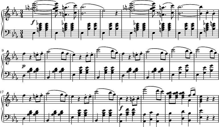 
 \relative b' {
  \new PianoStaff <<
   \new Staff { \key c \minor \time 3/4
    \set Score.tempoHideNote = ##t
     \tempo "" 2. = 64

   {
      <ees ges a ees'>2.~ <ees ges a ees'>8 b\rest <a a'>4.( <c c'>8) <bes bes'>2.( ees2) b4\rest <ees ges a ees'>2.~ <ees ges a ees'>8 b\rest <a a'>4.( <c c'>8) <bes bes'>2.~ <bes bes'>4 c-. bes-. f' b,\rest e8-. f-. aes2( g8 f ees4) b\rest d8-. ees-. c'2( bes8 g) f4 b,\rest e8-. f-. aes2( g8 f) c'2( bes8 g) c2( bes8 g) f4 b,\rest e8-. f-. aes2( g8 f) ees4 b\rest d8-. ees-. c'2( bes8 g) c,4 b\rest b8-. c-. ees'2( d8 c) <bes aes f d> <bes aes f d> <bes aes f d>4
   }
    <<
   {f8( g)}
    \\
   {aes,4}
    >>
{ <g bes ees>4 b\rest b\rest}
   }
   \new Dynamics {
    s2.\f s8 s8 s4. s8 s2. s2 s4 s2. s8 s s4. s8 s2. s4 s s s\p s s8 s s2 s8 s s4 s s8 s s2 s8 s s4 s s8 s s2 s8 s s2 s8 s s2 s8 s s4 s s8 s s2 s8 s s4 s s8 s s2 s8 s s4\f s s8 s s2 s8 s s s s4 s4 s4
   }
   \new Staff { \key c \minor \time 3/4 \clef bass
       ees,,4 <a c ees ges> <a c ees ges> ees4 <a c ees ges> <a c ees ges> ees4 <bes' ees g> <bes ees g> ees,4 <bes' ees g> <bes ees g> ees,4 <a c ees ges> <a c ees ges> ees4 <a c ees ges> <a c ees ges> ees4 <bes' ees g> <bes ees g> ees,4 <a c ees ges> <bes ees g> d, <aes' bes d> <aes bes d> bes, <aes' bes d> <aes bes d> ees <g bes ees> <g bes ees> bes, <g' bes ees> <g bes ees> d <aes' bes d> <aes bes d> bes, <aes' bes d> <aes bes d> ees <g ees'> <bes g'> ees, <g ees'> <bes g'> d, <aes' bes d> <aes bes d> bes, <aes' bes d> <aes bes d> ees <g bes ees> <g bes ees> bes, <g' bes ees> <g bes ees> <aes, aes'> <aes' c f> <aes c f> <aes, aes'> <c c'> <aes aes'> <bes bes'> <d d'> <bes bes'> <ees ees'> r r
   }
  >>
 }
