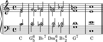 
    {
      \new PianoStaff <<
        \new Staff <<
            \new Voice \relative c'' {
                \set Score.tempoHideNote = ##t \tempo 2 = 80
                \stemUp \clef treble \key c \major \time 4/4
                \partial2 g2 g aes a! bes b!1 c
                }
            \new Voice \relative c' {
                \stemDown
                \partial2 e2 f f f f f1 e
                }
            >>
        \new Staff <<
            \new Voice \relative c' {
                \stemUp \clef bass \key c \major \time 4/4
                \partial2 c2 d d d d d1 e
                }
            \new Voice \relative c' {
                \stemDown
                \partial2 c2_\markup { \translate #'(-0.5 . 0) { \concat { "C" \hspace #3.5 "G" \combine \raise #1 \small 6 \lower #1 \small 5 \hspace #2 "B♭" \raise #1 \small { "7" } \hspace #1 "Dm" \combine \raise #1 \small 6 \lower #1 \small 4 \hspace #1 "B♭" \combine \raise #1 \small 4 \lower #1 \small 2 \hspace #3 "G" \raise #1 \small "7" \hspace #6 "C" } } }
                b bes a aes g1 c, \bar "||"
                }
            >>
    >> }
