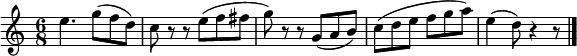 
\relative c'' {
  \time 6/8
  e4. g8( f d) |
  c8 r r e( f fis |
  g8) r r g,( a b) |
  c8( d e f g a) |
  e4( d8) r4 r8 | \bar "|."
}
