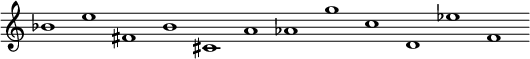 {
  \new Staff \with { \remove "Bar_engraver" \remove "Time_signature_engraver"} {
    bes'1 e'' fis' b' cis' a' as' g'' c'' d' es'' f'
  }
}