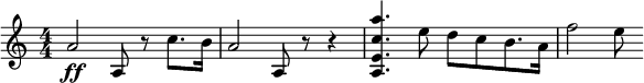  \relative c'' { \clef treble \key a \minor \numericTimeSignature \time 4/4 a2\ff a,8 r8 c'8. b16 a2 a,8 r8 r4 < a'' c, e, a, >4. e8 d[ c b8. a16] f'2 e8 } 