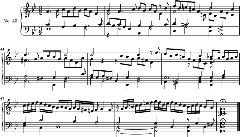 
\version "2.14.2"
\header {
  tagline = ##f
}
upper = \relative c'' {
  \clef treble 
  \key g \minor
  \time 3/2
  \tempo 2 = 72
  \autoBeamOff
  \set Score.currentBarNumber = #41

    a4. bes8 c[a d bes] c[a] f4
    << { bes4 a4. c8 d[bes] c[a] r8 d8 } \\ { f,2 s2 s4 f4 } >> 
    << { f'8[d e cis] a4 d2 cis4 } \\ { a2 s8 e8 f[d] a'[g] e4 } >>

    << { d'4. g,8 a c bes g d'2 } \\ { fis,4. s8 s2 a8 fis d a' } >> 
    << { d2 s2 d4 r8 f8 } \\ { g,4 r4 r8 c8 bes g a fis d4 } >> 
    << { ees'8 c d b g4 c bes8. a16 bes[g a bes] } \\ { s2 r8 f << g ees >> c << g'8. d8. >> } >>

    c'16[d ees f] ees[d c bes] a[bes a g] a[g fis e] fis8 g4 fis8 
    r16 g16[a b] c[d e f] g[f d e] f[e d c] b[c d c]   \tempo 2 = 62 b8[   \tempo 2 = 52 a]

   
    << g\breve d\breve b\breve \fermata >>

}

lower = \relative c {
  \clef bass
  \key g \minor
  \time 3/2

    << { c'2 a4 bes a4. c8 } \\ { f,1 f2 } >> 
    << { d'8 bes c a f4 bes4 a4. c8 } \\ { r4 f,2 bes,4 f'2 } >> 
    << { d'4 cis4. s8 s4 a2 } \\ { d,4 a'2 << a4 d,4 >> << e2 a,2 >> } >>

    << { a'2 fis4 g fis4. c'8 } \\ { d,2. g,4 d'2 } >> 
    << { bes'8 g a fis d4 g fis2 } \\ { g4 d2 g,4 d'2 } >> 
    << { g2. g4 g bes } \\ { c,4 b s4 << ees c >> << d g, >> g' } \\ { s4 d2 } >>

    << { g4 c2 bes4 a2 } \\ { ees4 c d1 } >> 
    << { g2 g4 d r8 g4 fis8 } \\ { << d2~ g,2~ >> << d'2 g,2 >> << g4 d'4 >> d } >> 
    \cadenzaOn
    << g\breve d\breve g,\breve \fermata >>
    \bar "|."
}

\score {
  \new PianoStaff <<
    \set PianoStaff.instrumentName = #"No. 40"
    \new Staff = "upper" \upper
    \new Staff = "lower" \lower
  >>
  \layout {
    \context {
      \Score
      \remove "Metronome_mark_engraver"
    }
  }
  \midi { \set Staff.midiInstrument = #"harpsichord" }
}
