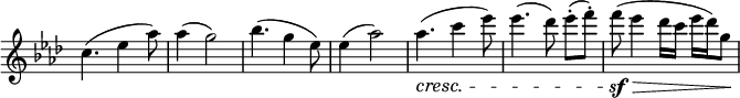 
 \relative c' \new Staff \with { \remove "Time_signature_engraver" } { \key aes \major \time 3/4
  c'4.( es4 aes8) aes4( g2) bes4.( g4 es8) es4( aes2) aes4.\cresc( c4 es8) es4.( des8) es8-.[( f-.)] f\sf\>( es4 des16 c es des) g,8\!
 }
