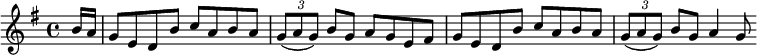 
\new Score {
  \new Staff {
    \relative c'' {
      \clef treble
      \key g \major
      \time 4/4

      \partial 16*2 b16 a |
      g8 e d b' c a b a |
      \times 2/3 { g8( a g) } b8 g a g e fis |
      g8 e d b' c a b a |
      \times 2/3 { g8( a g) } b8 g a4 g8
    }
  }
}
