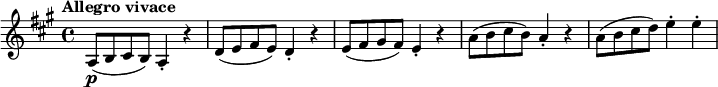 
\relative c' { \key a \major \time 4/4 \set Score.tempoHideNote = ##t \tempo "Allegro vivace" 4=140
 a8\p( b cis b) a4-. r d8( e fis e) d4-. r e8( fis gis fis) e4-. r a8( b cis b) a4-. r a8( b cis d) e4-. e-. 
}
