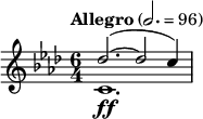  \relative c'' { \clef treble \key f \minor \time 6/4 \tempo "Allegro" 2. = 96 << { des2.~( des2 c4) } \\ { c,1.\ff } >> } 