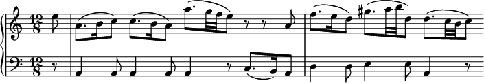 
\version "2.18.2"
\header {
  tagline = ##f
} 

upper = \relative c'' {
  \clef treble 
  \key a \minor
  \time 12/8
  \tempo 4. = 58
  \tempo "Siciliana"
  \override TupletBracket.bracket-visibility = ##f
  \set Staff.midiInstrument = #"recorder"

   %%Telemann, exemple Sicilienne

  \partial 8 e8
  a,8.( b16 c8) c8.( b16 a8) a'8.( g32 f e8) r8 r8 a,8 | f'8.( e16 d8) gis8.( a32 b d,8) d8.( c32 b c8)

}

lower = \relative c {
  \clef bass
  \key a \minor
  \time 12/8
  \set Staff.midiInstrument = #"orchestral harp"

  r8 | a4 a8 a4 a8 a4 r8 c8.( b16) a8 | d4 d8 e4 e8 a,4 r8

%%      \figuremode {
%%      s4.*3 < 6 >4. s4. < _+ >4 < 7_+ >8 < 5 4 >4
%%      }
    }
  \header {
    piece = ""
  }

\score {
  \new PianoStaff <<
    \new Staff = "upper" \upper
    \new Staff = "lower" \lower
  >>
  \layout {
    \context {
      \Score
      \remove "Metronome_mark_engraver"
    }
  }
  \midi { }
}
