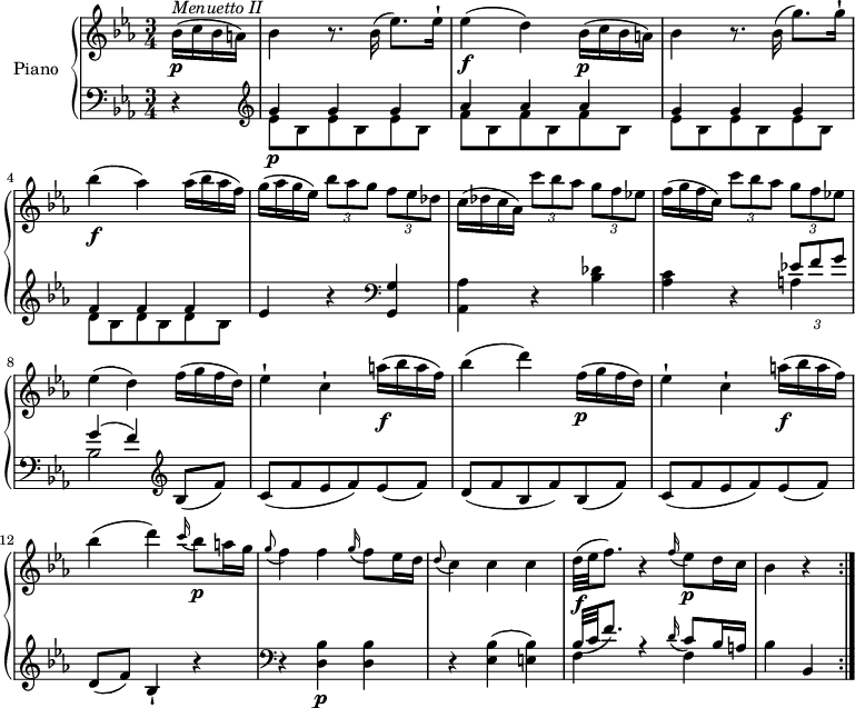 
\version "2.18.2"
\header {
  tagline = ##f
}
upper = \relative c' {
  \clef treble
  \key ees \major
  \time 3/4
  \tempo "Menuetto"
  \tempo 4 = 130
  %\autoBeamOff

  \partial 4 bes'16 \p ^\markup{ \italic {Menuetto II } } (c bes a) 
  bes4 r8. bes16 (ees8.) ees16-!
  ees4 \f (d) bes16 \p  (c bes a) 
  bes4 r8. bes16 (g'8.) g16-!
  bes4 \f (aes) aes16   (bes aes f) 
  g (aes g ees) \tuplet 3/2 {bes'8 aes g} \tuplet 3/2 {f ees des}
  c16 (des c aes) \tuplet 3/2 {c'8 bes aes} \tuplet 3/2 {g f ees!}
  f16 (g f c) \tuplet 3/2 {c'8 bes aes} \tuplet 3/2 {g f ees!}
  ees4 (d) f16 (g f d) 
  ees4-! c-! a'16 \f (bes a f)
  bes4 (d) f,16 \p (g f d)
  ees4-! c-! a'16 \f (bes a f)
  bes4 (d) \grace c16 (bes8) \p a16 g
  \grace g8 (f4) f \grace g16 (f8) ees16 d
  \grace d8 (c4) c c
  d32 \f (ees f8.) r4 \grace f16 (ees8) \p d16 c
  bes4 r \bar ":|."
}

lower = \relative c' {
  \clef bass
  \key ees \major
  \time 3/4
  \partial 4 r4
  \clef treble
  \set Staff.midiMinimumVolume = #0.2 \set Staff.midiMaximumVolume = #0.5
    <<{\stemDown \repeat unfold 3 {ees8 bes} \repeat unfold 3 {f' bes,} \repeat unfold 3 {ees8 bes } \repeat  unfold 3 {d bes}} 
    \\ {\stemUp g'4\p  g g aes aes aes g g g f f f}>> ees4 r4 
    \clef bass <g,, g'> <aes aes'> r <bes' des>
    <aes c> r <<{\stemDown a4 bes2} \\ {\stemUp \tuplet 3/2 {ees!8 f g} g4 ^(f)}>>
    \clef treble bes,8 (f') c (f es f) ees (f)
    d (f bes, f') bes, (f')
    c (f ees f) ees (f)
    d (f) bes,4-! r 
    \clef bass r <d, bes'>4 \p <d bes'>
    r <ees bes'> (<e bes'>)
    <<{ \stemDown f4 r f} \\ {\stemUp  bes32 (c f8.) s4 \grace d16 (c8) bes16 a }>>
    bes4 bes, \bar ":|."
}

\score {
  \new PianoStaff <<
    \set PianoStaff.instrumentName = #"Piano"
    \new Staff = "upper" \upper
    \new Staff = "lower" \lower
  >>
  \layout {
    \context {
      \Score
      \remove "Metronome_mark_engraver"
    }
  }
  \midi { }
}
