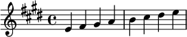 
\transpose c e {   %将C调转为E调，显示效果与固定调写法相同
  \relative c' {
     \key c \major     
     c d e f g a b c 
  }                                 
}
