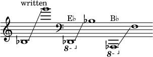 
    {
      \new Staff \with { \remove "Time_signature_engraver" }
      \clef treble \key c \major ^ \markup "written" \cadenzaOn
      bes1 \glissando g'''1
      \clef bass
      \ottava #-1 des,,1  ^ \markup "E♭" \glissando \ottava #0 bes1
      \ottava #-1 aes,,,1 ^ \markup "B♭" \glissando \ottava #0 f1
    }
  