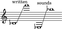 
    {
      \new Staff \with { \remove "Time_signature_engraver" }
      \clef treble \key c \major \cadenzaOn
      bes1 ^ \markup "written" \glissando f'''1
      ees1 ^ \markup "sounds" \glissando bes''1
    }
  