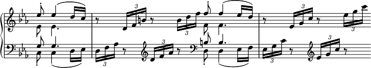 
\relative c'' {
  \new PianoStaff <<
   \new Staff \with { \remove "Time_signature_engraver" } {
    \key c \minor \time 2/2 \set Score.tempoHideNote = ##t
    \tempo "" 4=112 \partial 2
    << { es8-. es4( d16 c) } \\ { es,8 es4. } >>
    r8 \times 2/3 { d16 f b } r8 \times 2/3 { b16 d f }
    << { f8-. f4( es16 d) } \\ { f,8 f4. } >>
    r8 \times 2/3 { es16 g c } r8 \times 2/3 { es16 g c }
   }
   \new Staff \with { \remove "Time_signature_engraver" } {
    \key c \minor \time 2/2 \clef bass
    << { g,,8 g4. } \\ { c,8-. c4( d16 es) } >>
    \times 2/3 { d16 f aes } r8 \clef treble \times 2/3 { d16 f aes } r8 \clef bass
    << { b, b4. } \\ { d,8-. d4( es16 f) } >>
    \times 2/3 { es16 g c } r8 \clef treble \times 2/3 { es16 g c } r8
   }
  >>
 }
