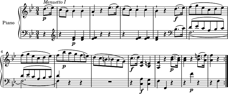 
\version "2.18.2"
\header {
  tagline = ##f
}
upper = \relative c' {
  \clef treble
  \key bes \major
  \time 3/4
  \tempo "Menuetto"
  \tempo 4 = 130
  %\autoBeamOff

  \partial 4 d'8. \p ^\markup{ \italic {Menuetto I } } (ees16)
  c8 (bes) bes4-! bes-! a-! r ees'8. (f16)
  d8 (c) c4-! c-! 
  bes-! r d8.  \f (ees16)
  f8 (g ees c d ees)
  f (g ees c d ees)
  f (bes \p a g f e)
  d (c b bes a g)
  c8. \f ([d16]) <c, f>4 <bes e>
  <a f'> r <bes' d>8.\p (<a c>16)
  <a c>4 r <bes e>8. (<a f'>16) 
  <a f'>4 r  \bar ":|."

}

lower = \relative c' {
  \clef bass
  \key bes \major
  \time 3/4
  \partial 4 r4
  \clef treble r4 <d f>4  \p <d f> 
  <ees f> r r
  r <ees f>  <ees f> <d f> r
  \clef bass bes8. (c16)  << { \stemDown f,2._ (f2.) _( f4)} \\ {\stemUp d'8 ^ (ees c a bes c) d8 ^ (ees c a bes c) d4 } >> r4 r R2.
  r4 <c, a'>  \f <c g'> f f, r r f'' \p r r f, \bar ":|."
  
}

\score {
  \new PianoStaff <<
    \set PianoStaff.instrumentName = #"Piano"
    \new Staff = "upper" \upper
    \new Staff = "lower" \lower
  >>
  \layout {
    \context {
      \Score
      \remove "Metronome_mark_engraver"
    }
  }
  \midi { }
}
