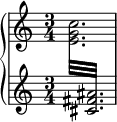 
    \new PianoStaff <<
         \new Staff = "up" \relative c'' {
            \time 3/4
            s2.
          }
        \new Staff = "down" \relative c' {
            \time 3/4
            \voiceOne
            \repeat tremolo 12 {
                  {
                    \change Staff = "up"
                    \voiceTwo
                    <e g c>32
                  }
                {
                    \change Staff = "down"
                    \voiceOne
                    <cis fis ais>32
                }
            }
          }
    >>
