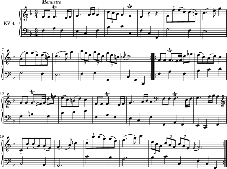 
\version "2.14.2"
\header {
  tagline = ##f
}

upper = \relative c'' {
  \clef treble
  \key f \major
  \time 3/4
  \tempo 4 = 110
  \tempo "Menuetto"
  \set Staff.midiInstrument = #"dulcimer"

  \repeat volta 2 {
    f,8^\markup \italic { Menuetto} f f4.\trill e16 f | g4. a16 bes  a4
    | \tuplet 3/2 {d8 c8 bes } a4 g\trill  | f r4 r4
    | g8-! f'-! f (d) d (b) | c4. (e8) g4
    | g,8 (f') f (d) d (b) | c4. (e8) g4
    | \tuplet 3/2 {a8 f d } \tuplet 3/2 {g8 e c} \tuplet 3/2 {f8 d  b}
    |\grace b8 (c2.)
  }
  \repeat volta 2 \relative c' {
    f8 f f8.\trill e32 f c'8 ees |  d8 (bes)  a ( c ) bes4
    | g8 g g8.\trill fis32 g d'8 f! | e8 (c) b (d) c4
    | f,8 f f4.\trill e16 f  |g4. a16 bes a4 \clef bass 
    | f,8 f f4.\trill e16 f  |
    | g4. a16 bes a4 \clef treble
    | c8-! bes'-! bes (g) g (e)
    | f4. (a8) c4 | c8-! bes'-! bes (g) g (e) |
    f4. (a8) c4  | \tuplet 3/2 {d,8 bes g }  \tuplet 3/2 {c8 a f} \tuplet 3/2 {bes8 g  e}
    |\grace e8 (f2.)
  }
} 
lower = \relative c {
  \clef bass
  \key f \major
  \time 3/4
  \set Staff.midiInstrument = #"harpsichord"
  
  \repeat volta 2 {
  f4 a f | e c f  | bes4 c c, | f4 c f, |  g'2 f4| e2. |  g2 f4 | e2. | f4 g g,  | c4 g c,
  }
  \repeat volta 2 \relative c {
    f4 a f | bes c d | g, b g  | c d e|  f, a f | e c f
    |  f, a f | e c f | c'2 bes4 | a2.  |  c'2 bes4 | a2.| bes4 c c,
    | f c f,
  }
} 

\score {
  \new PianoStaff <<
    \set PianoStaff.instrumentName = #"KV 4."
    \new Staff = "upper" \upper
    \new Staff = "lower" \lower
  >>
  \layout {
    \context {
      \Score
      \remove "Metronome_mark_engraver"
    }
  }
 \midi { }
}
