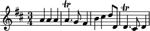 
\version "2.18.2"
\header {
  tagline = ##f
  % composer = "Johann Pachelbel"
  % opus = "Chaconne en ré majeur, P. 39"
  % meter = ""
}

\score {
<<
  \relative c'' {
    %\clef bass
    \key d \major
    \time 3/4
    \override TupletBracket #'bracket-visibility = ##f 

     %s8*0^\markup{Aria}
     a4 a a | a4.\trill g8 fis4 | b cis d8 d, | d4.\trill cis8 d4 |

  }
>>
  \layout {
     #(layout-set-staff-size 17)
     \context { \Score \remove "Metronome_mark_engraver" 
     \override SpacingSpanner.common-shortest-duration = #(ly:make-moment 1/2)
     }
  }
}
