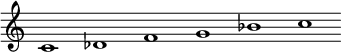 
 \relative c'  {\override Score.BarLine.stencil = ##f \override Score.TimeSignature.stencil = ##f c1 des f g bes c}
