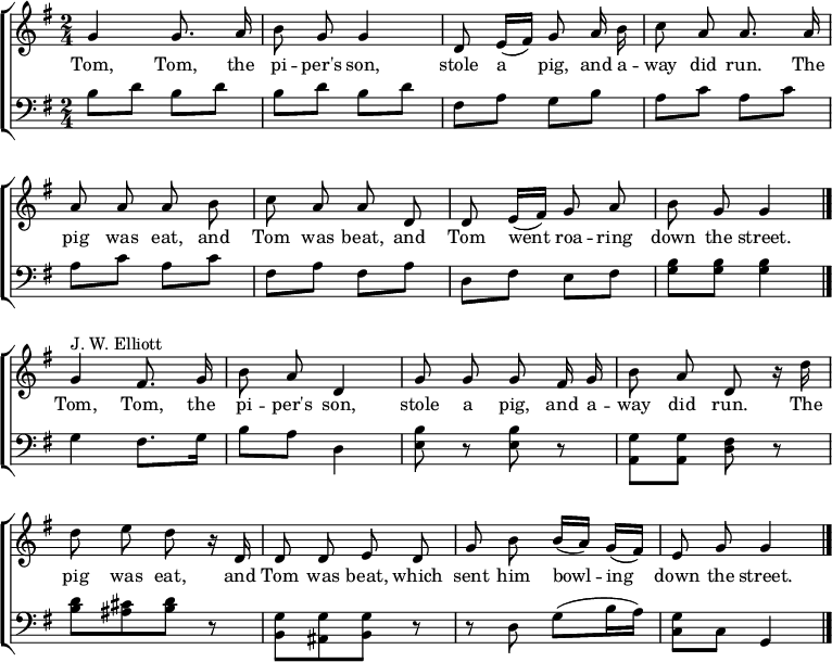 
\header { tagline = ##f }
\layout { indent = 0
  \context { \Score \remove "Bar_number_engraver" }
  \context { \Voice \remove "Dynamic_engraver" }
}

global = { \key g \major \time 2/4 }

melody = \relative c'' { \global \autoBeamOff \set midiInstrument = "clarinet"
  g4 g8. a16 | b8 g g4 | d8 e16 ([fis]) g8 a16 b | c8 a a8.
  a16 | a8 a a b | c a a d, | d e16 ([fis]) g8 a | b g g4 \bar "|." \break
  \tag #'pause { R1 }
  g4^"J. W. Elliott" fis8. g16 | b8 a d,4 | g8 g g fis16 g | b8 a d, r16
  d' | d8 e d r16 d, | d8 d e d | g b b16 ([a)] g ([fis]) | e8 g g4 \bar "|."
}

verse = \new Lyrics \lyricmode {
  Tom, Tom, the pi -- per's son,
  stole a pig, and a -- way did run.
  The pig was eat, and Tom was beat,
  and Tom went roa -- ring down the street.

  Tom, Tom, the pi -- per's son,
  stole a pig, and a -- way did run.
  The pig was eat, and Tom was beat,
  which sent him bowl -- ing down the street.
}

classicalGuitar = \relative c' { \global \clef bass \set midiInstrument = "acoustic guitar (nylon)"
  b8\pp d b d | b d b d | fis, a g b | a c a c |
  a c a c | fis, a fis a | d, fis e fis | <b g> <b g> <b g>4 \bar "|." \break
  \tag #'pause { R1 }
  g4 fis8. g16 | b8 a d,4 | <b' e,>8 r <b e,> r | <g a,> <g a,> <fis d> r |
  <d' b> [<cis ais> <d b>] r | <g, b,> [<g ais,> <g b,>] r | r d g (b16 a) | <g c,>8 c, g4 \bar "|."
}

\score { \new ChoirStaff \removeWithTag #'pause
  <<
    \new Staff \melody \addlyrics \verse
    \new Staff \classicalGuitar
  >>
  \layout { }
}
\score { << \melody \\ \classicalGuitar >>
  \midi { \tempo 4=108
    \context { \Score midiChannelMapping = #'instrument }
    \context { \Staff \remove "Staff_performer" }
    \context { \Voice \consists "Staff_performer" }
  }
}
