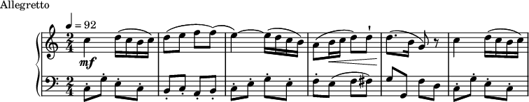 
\version "2.18.2"
\header {
  tagline = ##f
}
upper = \relative c'' {
  \clef treble 
  \key c \major
  \time 2/4
  \tempo 4 = 92
  \override TupletBracket.bracket-visibility = ##f

   %%Montgeroult — Étude 4 (pdf p. 22)
   c4\mf d16( c b c) d8([ e] f f)( e4~) e16( d c b) a8( b16\< c d8) d-! d8.(\! b16 g8) r8 c4 d16( c b c)

}

lower = \relative c {
  \clef bass
  \key c \major
  \time 2/4

  c8-. g'-. e-. c-. b-.[ c-.] a-. b-. c-. e-. g-. e-. f-. e( f fis) g g, f' d c8-. g'-. e-. c-.

}

  \header {
    piece = "Allegretto"
  }

\score {
  \new PianoStaff <<
    \new Staff = "upper" \upper
    \new Staff = "lower" \lower
  >>
  \layout {
    \context {
      \Score
      
    }
  }
  \midi { }
}
