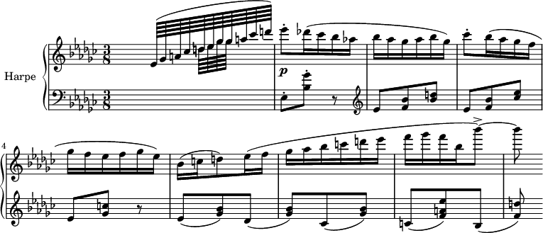 
\version "2.14.2"
\header {
  tagline = ##f
}
upper = \relative c' {
  \clef treble 
  \key ges \major
  \time 3/8
  \tempo 8 = 152
  %\autoBeamOff
   \set Staff.midiInstrument = #"orchestral harp"

  \partial 8 s16 
  \times 4/11 { \autoBeamOn << { \tempo 8 = 115 ees64( ges a! ces d! ees ges ges a ces d!) } \\ { s64*4 d,!64[ ees ges ges] } >>  }
  \tempo 8 = 152 ees'8-.\p des!16( ces bes aes! bes aes ges aes bes ges)
  ces8-. bes16(  aes ges f ges f ees f ges  ees)
  bes16( c! d!8) ees16( f ges aes bes c! d! ees f ges f bes, bes'8~->) bes8

}

lower = \relative c {
  \clef bass
  \key ges \major
  \time 3/8
  \set Staff.midiInstrument = #"orchestral harp"
    
  s8 ees8-. < ges' bes, >8-. r8  
  \clef treble ees8 < bes' f >8 < d! bes >
  ees,8 < bes' f >8 < ees ces > ees, < c'! ges > r8
  ees,8( < bes' ges >8) des,( < bes' ges >) ces,( < bes' ges >)
  c,!( < ees' a,! f >8) bes,( < d'! f, >)
    
} 

\score {
  \new PianoStaff <<
    \set PianoStaff.instrumentName = #"Harpe"
    \new Staff = "upper" \upper
    \new Staff = "lower" \lower
  >>
  \layout {
    \context {
      \Score
      \remove "Metronome_mark_engraver"
    }
  }
  \midi { }
}
