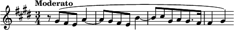  \relative c' {\key e \major \time 3/4 \tempo "Moderato" r8 gis' ( fis e a4~ a8 gis fis e b'4~ b8 [ cis gis a gis8. fis16 ] fis4 gis) }