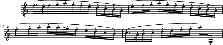 
\version "2.18.2"
\header {
  tagline = ##f
}

\score {
  \new Staff \with {
    \remove "Time_signature_engraver"
    instrumentName = #" "
  }
  \relative c'' {
    \time 3/4
    \tempo 4 = 62
    \clef treble
    \override Rest #'style = #'classical
    \set Score.currentBarNumber = #17

%%% *************************************** %%%
%%%  A T T E N T I O N   LES   R O B O T S  %%%
%%%  CES LIGNES DE CODES SONT DU LILYPOND   %%%
%%%  PAS DE LA PONCTUATION FRANÇAISE !!!    %%%
%%% *************************************** %%%
    \set Staff.keySignature = #`(((0 . 10) . ,SHARP)
                                ((0 . 3) . ,SHARP)
                                ((0 . 7) . ,SHARP)
                                ((0 . 0) . ,NATURAL)) % il manque la ligne sup de ce do naturel, comment faire ?
 
   f16.-.([ e32-. f16 g-. a-. g-. f-. e-.] d-.[c-. b-. a-.])
   e'8-.([ f16 g-.] a-. g-. f-. e-.] d-. c-. b-. a-.])
   f'8-.(g16-. a-. b-. a-. gis-. f-. e-.[ d-. c-. b-.])
   c16.-.( a32-. b16-. c-.] d-.[ e-. f-. g-.] a8-.) g,,-.

  }
  \layout {
    \context {
      \Score
      \remove "Metronome_mark_engraver"
    }
  }
  \midi {}
}
