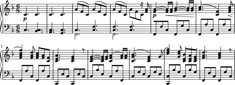 
 \relative c' {
  \new PianoStaff <<
   \new Staff { \key d \minor \time 6/8
    <<
   {
    c4.\p c c c a'8( f c) a'8( f c) a'8( f c) s8( s) r16 <f a>16 <f a>4~\p <f a>16\< <f a> <g bes>4~ <g bes>16 <g bes>\! <a c>4.( <f c>4) <f a c>8\<( <f a c f>4)\! <f a d>8 <f a c>8 <f a> <f c> <a c, e>4. <g c, e>4 r8 <e g c,>4~ <e g c,>16 <e g> <f a c,>4( <f a>16) <f a> <g bes c,>4.( < g e c>4) g8( <c e g>4) <g c e>8 <c, e bes'>-. <c e a>-. <c e g>-. <f a d>4. <f a c>4 r8
   }
    \\
   {
      s4. s s s s8( s s) s8( s s) s8( s s) a8 f c
   }
    >>
   }
   \new Staff { \key d \minor \time 6/8 \clef bass
    <<
      { c,4. <c bes>4. <c a>4. <c g>4. c4. <c f>4. <c f>4. <c f>4. [f,8 f'8 c8] f,8[ g'8 c,8] f,8[ a'8 c,8] f,8[ a'8 c,8] f,8[ a'8 c,8] f,8[ a'8 c,8] c,8[ e'8 c8] c,8[ e'8 c8] c8[ bes'8 e,8] c8[ a'8 f,8] c'8[ g' e] c8[ g' e] <c c,>8[ bes' g] c,8[ bes' g] [f,8 f'8 c8] f,8[ g'8 c,8] }
    \\
      { s4. s4. s4. s4. f,2. f2. }
    >>
      }
  >>
 }
