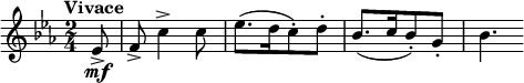  \relative c' { \clef treble \key c \minor \time 2/4 \tempo "Vivace" \tempo 4 = 144 \partial 8*1 ees8\mf-> | f-> c'4-> c8 | ees8.([ d16 c8-.) d-.] | bes8.([ c16 bes8-.) g-.] | bes4. } 