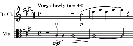 
\layout { indent = 1\cm }
\relative c''
<<
\new Staff \with { instrumentName = "B♭ Cl." } { \set Staff.midiInstrument = "clarinet" \clef treble \transposition bes \key b \major \time 4/4 \tempo "Very slowly" 4 = 66 { s1 | r2 b\p( | dis4 fis dis fis)~ | fis r } }
\new Staff \with { instrumentName = "Vla." } { \set Staff.midiInstrument = "violin" \clef alto \key a \major \time 4/4 \tempo "Very slowly" 4 = 66 { r2 a,,4\mp--\upbow( a--) | a1--~\> | a1~\! | a2 } }
>> 