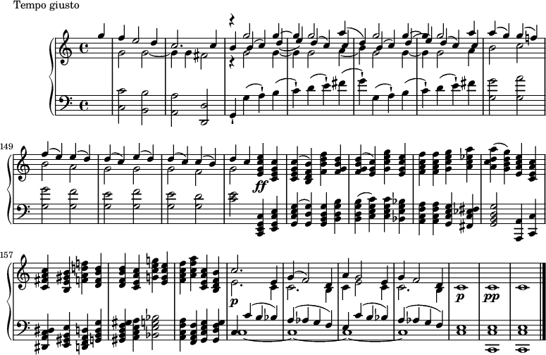 
\version "2.18.2"
\header {
  tagline = ##f
}
upper = \relative c'' {
  \clef treble 
  \key c \major
  \time 4/4
  \tempo 2 = 100
  \set Score.currentBarNumber = #142

   %%Montgeroult — Étude 68 (pdf p. 222, extr. 224)

   \partial 4 
   << { g'4 f e2 d4 c2. c4 } \\ { s4 g2 g~ g4 g fis2  } >>
   << { r4 g'2 g4~ g g2 a4( d,) g2 g4~ g g2 a4 } \\ { r4 g,2 g4~ g g2 a4( b) g2 g4~ g g2 a4 } \\ { b4 b( c) d_( e) d( c) c4 s4 b4( c) d( e) d( c) c } >>
   
   << { a'4( g) g( f!) f( e) e( d) d( c) e( d) d( c) c( b) } \\ { b2 c b a g g g f } >>  % phrase sur deux portées 
   << { d'4 c } \\ { g2 } >>

   < e' c g e >4\ff < c g e c > | q^( < b f d b >) < f' d b f > < d b g f > | q^( < c g e >) < g' e c g > < e c g e > < f c a f > q < g e c g > < a ees c a > | 
   < a d, c a >( < g d b g >) < e c a e > < c a e c > | < c a fis c > < b gis e b > < f'! d! a f! > < d b f d > q < c a e c > < g'! e c g! > < e c g e > < f c a f > < a f c a > < c, a e c > < b f d b >

   << { c2. e,4 g( f2) d4 a' g2 e4 g f2 d4 } \\ { e2.\p c4 c2. b4 c e2 c4 c2. b4 } >>
   c1\p c \pp c \bar "|."

}

lower = \relative c {
  \clef bass
  \key c \major
  \time 4/4

   s4 < c' c, >2 < b b, > < a a, > < d, d, > g,4-! g'( a-!) b( c-!) d( e-!) fis( g-!) 
   g,4( a-!) b( c-!) d( e-!) fis
   < g g, >2 < a g, > < g g, > < f g, > < e g, > < f g, > < e g, > < d g, > % phrase a traiter
   < e c >2 < c, g e c >4 < e, g c e > | < g c e g >^( < g' d g, >) < g d b g > < b g d b >
   q^( < c g e c >) q < bes g e bes > < a f c a > q < g e c g > < fis ees c fis, > | 
   < g d b g >2 < a, a, >4 < c c, > | < dis c a dis, > < e b gis e > < d a f d > < g d b g >
   < gis f d b gis >4 < a e c a > < bes g e bes >2 | < a f c a >4 < f c a f > < g e c g > < g f d g, >
   << { c,4 c'( b bes) a( aes g f) e \tempo 2 = 92 c'( b bes) a( aes g f) e1 e e } \\ { c1~ c~ c~ c c < c c, >1 q } >>

}

  \header {
    piece = "Tempo giusto"
  }

\score {
  \new PianoStaff <<

    \new Staff = "upper" \upper
    \new Staff = "lower" \lower
  >>
  \layout {
    \override TupletBracket.bracket-visibility = ##f
    \context {
      \Score
      \remove "Metronome_mark_engraver"

    }
  }
  \midi { }
}
