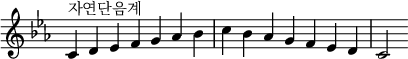  {
\omit Score.TimeSignature \relative c' {
  \key c \minor \time 7/4 c^"자연단음계" d es f g aes bes c bes aes g f es d c2
} }
