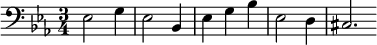 
\relative c {
  \clef bass
  \key ees \major
  \time 3/4
  ees2 g4 ees2 bes4 ees4 g4 bes4 ees,2 d4 cis2. \bar ""
}
