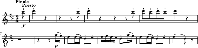 
\version "2.18.2"
\relative c'' {\set Staff.midiInstrument = #"violin"
  \key d \major
  \time 2/4
  \tempo "Finale"
  \tempo 4 = 170
  \partial 8 cis'8-!^\markup\bold{Presto}\f
  d4-! r
  r r8 cis8-!
  d4-! r
  r r8 cis8-! 
  d-! [cis-! d-! cis-!]
  d4 r\break
  r2
  r4 r8 a16\p (g)
  fis8 fis16 (e) d8-. e-. 
  fis16 g fis e d8-. a'16 (g)
  fis8 fis16 (e) d8-. e-. 
  fis4 (d8) r
}
