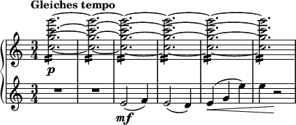 
{ \new PianoStaff <<
\new Staff \relative c'' { \set Staff.midiInstrument = #"piano" \key c \major \clef treble \time 3/4 \set Score.tempoHideNote = ##t \tempo "Gleiches tempo" 4 = 190
  <c g' c g'>2. \p ~ :16 ~ ~ ~ | % 2
  <c g' c g'>2. ~ :16 ~ ~ ~ | % 3
  <c g' c g'>2. ~ :16 ~ ~ ~ | % 4
  <c g' c g'>2. ~ :16 ~ ~ ~ | % 5
  <c g' c g'>2. ~ :16 ~ ~ ~ | % 6
  <c g' c g'>2. :16
  }
\new Staff \relative e' { \set Staff.midiInstrument = #"piano" \key c \major \clef treble \time 3/4
  R2.*2 | % 3
  e2 \mf ( f4 ) | % 4
  e2 ( d4 ) | % 5
  e4 \< ( g4 e'4 ) | % 6
  e4 r2 \! }
>> }
