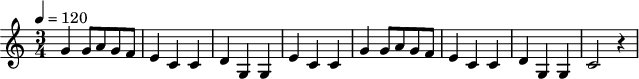 
M: 3/4
Q: 1/4=120
G2 G A G F | E2 C2 C2 | D2 G,2 G,2 | E2 C2 C2 |
G2 G A G F | E2 C2 C2 | D2 G,2 G,2 | C4 z2    |