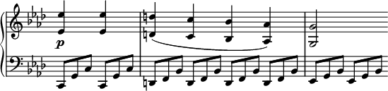 
 \relative c' {
  \new PianoStaff <<
   \new Staff \with { \remove "Time_signature_engraver" } { \key f \minor \time 2/2 \partial 2
    <es' es,>4 <es es,> <d d,>( <c c,> <bes bes,> <aes aes,>) <g g,>2
   }
   \new Dynamics {
    s4\p
   }
   \new Staff \with { \remove "Time_signature_engraver" } { \key f \minor \time 2/2 \clef bass
    c,,,8*2/3[ g' c] c, g' c | d,[ f bes] d, f bes d,[ f bes] d, f bes | es,[ g bes] es, g bes
   }
  >>
 }
