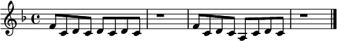 \relative c' { \key f \major \time 4/4 \tempo 4 = 180 \set Score.tempoHideNote = ##t \autoBeamOff f8[ c8 d8 c8] d8[ c8 d8 c8] | r1 | f8[ c8 d8 c8] a8[ c8 d8 c8] | r1 | \bar "|." } 