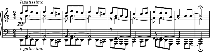 
{ \new PianoStaff <<
    \new Staff << \time 2/4 \relative  c''
     \new Voice = "first"  { \voiceOne  [d8-\pp-\markup { \italic {legatissimo}}  f e d ] | e4 d8 cis |[d8 f e d ] | e4 d8 cis | 
                                        [d8 a a g ] | c4 c8 d8 | [e d d g, ] | a4 a8 a8~| a2\fermata }
     \new Voice= "second"  { \voiceTwo  r8 a'4.~    | a'2~     | a'8 a'4.~  | a'2 |
                                        r8 f'4.~    | f'2~     | f'8 f'4.~  | f'2 | e'2 }
      >>
    \new Staff << \relative b, \clef bass
      \new Voice = "first"  { \voiceOne  r8 a,4.~     | a,2~       | a,8 a,4.~    | a,2  |
                                         r8 f,4.~    | f,2~     | f,8 f,4.~  | f,2 | e,2 }
      \new Voice= "second"  { \voiceTwo  [d,8_\markup { \italic {legatissimo}} f, e, d, ] | e,4 d,8 cis, |[d,8 f, e, d, ] | e,4 d,8 cis, |
                                         [d,8 a,, a,, g,, ] | c,4 c,8 d,8 | [e, d, d, g,, ] | a,,4 a,,8 a,,8~| a,,2\fermata }
     >>
   >> }
