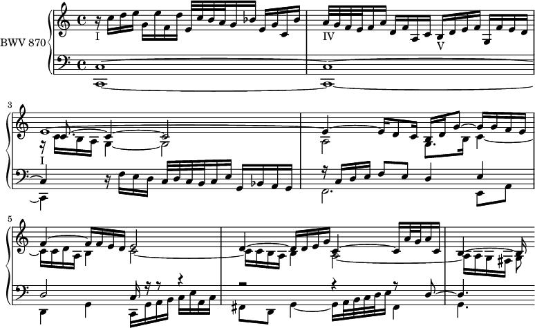 
\version "2.18.2"
\header {
  tagline = ##f
}

upper = \relative c'' {
  \clef treble 
  \key c \major
  \time 2/4
  \tempo 4 = 60
  \set Staff.midiInstrument = #"harpsichord" 

   %% PRÉLUDE CBT II-1, BWV 870, ut majeur — version définitive
   r16-"I" c d e g, e' f, d' e,32 c' b a g16 bes e,[ g c, bes'] | a32-"IV" g f e f16 a d, f a, c b-"V" d e f g, f' e d
   << { e1~_"I" e4~ e16 d8 c16 b d g8~ g16 g f e f4~ f16 f e d e2 d4~ d16 d e g c,4~ c16 a'32 g a16 c, b4~ b16 } \\ { r16 c16 b a g4~ g2 a2 g8. b16 c4~ c16 c d a b4 c2~ | c16 c b a b4 a2~ | a16 a g fis g8 } \\ { s16 c8.~ c4~ c2 } >> % Amélioration : confondre les do de la mesure 3
   
}

lower = \relative c {
  \clef bass 
  \key c \major
  \time 4/4
  \set Staff.midiInstrument = #"harpsichord" 
    
    << { c1~  c~ c4 } \\ { c,1~ c~ c4 } >> 
    r16 f'16 e d c32 d c b c16 e g, bes a g
    << { r16 c16 d e f8 e d4 e | d2 c16 r16 r8 r4 r2 r4 r8 d8~ d4. } \\ { f,2. e8 a | d,4 g c,16 g' a b c e a, c fis,8 d g4~ g16 a32 b c d e16 fis,4 g4. } >>
    
} 

\score {
  \new PianoStaff <<
    \set PianoStaff.instrumentName = #"BWV 870"
    \new Staff = "upper" \upper
    \new Staff = "lower" \lower
  >>
  \layout {
    \context {
      \Score
      \remove "Metronome_mark_engraver"
      \override SpacingSpanner.common-shortest-duration =
        #(ly:make-moment 1/2)
    }
  }
  \midi { }
}
