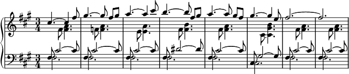 
\version "2.18.2"
\header {
  tagline = ##f
}
upper = \relative c'' {
  \clef treble 
  \key a \major
  \time 3/4
  \tempo 4 = 80
  \override TupletBracket.bracket-visibility = ##f

   %%Wojciech Kilar — générique
   << { cis4.~ cis4 fis8 | gis4.~ gis8 fis[ gis] | a4.~ a4 cis8 | b4.~ b8 fis8[ gis] | a4.~ a8 gis[ fis] | gis4.~ gis4 e8 | fis2.~ fis } \\ { s4 fis,8~ < fis a >4. | s4 f8~ < f a >4. | s4 e8~ < e a >4. | s4 fis8~ < fis b >4. | s4 fis8~ < fis a >4. | s4 cis8~ < cis gis' b >4. | \repeat unfold 2 { s4 fis8~ < fis a >4. } } >>

}

lower = \relative c {
  \clef bass
  \key a \major
  \time 3/4

  \repeat unfold 3 { << { fis8 cis'2~ cis8 } \\ { fis,2. } >> }
  << { fis8 dis'2~ dis8 } \\ { fis,2. } >>
  << { fis8 cis'2~ cis8 } \\ { fis,2. } >>
  << { cis8 gis'2~ gis8 } \\ { cis,2. } >>
  \repeat unfold 2 { << { fis8 cis'2~ cis8 } \\ { fis,2. } >> }

}

\score {
  \new PianoStaff <<
  \new Staff = "upper" \upper
  \new Staff = "lower" \lower
  >>
  \layout {
  \context {
  \Score
  \remove "Metronome_mark_engraver"
  }
  }
  \midi { }
}
