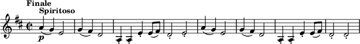 
\version "2.18.2"
\relative c'' {
  \key d \major
  \time 2/2
  \tempo "Finale "
  \tempo 4 = 280
  a4^\markup {\bold Spiritoso} \p (g) e2
  g4 (fis) d2
  a4-. a-. e'-. e8 (fis)
  d2-. e-.
  a4 (g) e2
  g4 (fis) d2
  a4-. a-. e'-. e8 (fis)
  d2-. d-.
}
