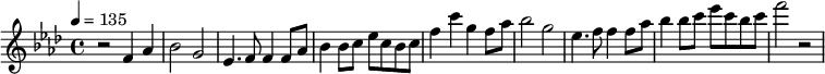 
\transpose c aes' {  
  \key c \major
  \tempo 4 = 135
  r2 a,4 c4 d2 b,2 g,4. a,8 a,4  a,8 c8 d4 d8 e8 g8 e8 d8 e8 a4 e'4 b4  a8 c'8 d'2 b2 g4. a8 a4 a8 c'8 d'4 d'8 e'8 g'8 e'8 d'8 e'8 a'2 r2
}
