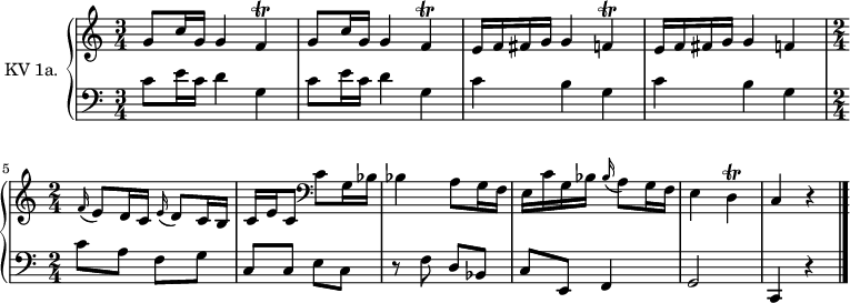 
\version "2.14.2"
\header {
  tagline = ##f
}
upper = \relative c' {
         \clef "treble" 
         \tempo "Andante"
         \key c \major
         \time 3/4 
         \set Staff.midiInstrument = #"dulcimer"

       \repeat unfold 2 { g'8 c16 g g4 f\trill }      
       e16 f fis g g4 f\trill
       e16 f fis g g4 f \time 2/4 s128

       { \grace f16( } e8[) d16 c] {\grace e16( } d8[) c16 b]
       c[ e c8] \clef "bass" c g16 bes
       bes4 a8 g16 f e16 c'  g bes {\grace bes16( } a8[) g16 f] e4 d\trill c  r4}\bar "|."
  

lower = \relative c' {      
         \clef "bass" 
         \key c \major
         \time 3/4 
         \tempo 4 = 100
         \set Staff.midiInstrument = #"harpsichord"

      \repeat unfold 2 { c8 e16 c d4 g, }
      \repeat unfold 2 { c4 b g }      
       % \time 2/4 s128

       c8 a f g
       c, c e c
       r8  f8 d bes
       c e,
       f4 g2  c,4 r4 \bar "|."
} 

\score {
  \new PianoStaff <<
    \set PianoStaff.instrumentName = #"KV 1a."
    \new Staff = "upper" \upper
    \new Staff = "lower" \lower
  >>
  \layout {
    \context {
      \Score
      \remove "Metronome_mark_engraver"
    }
  }
  \midi { }
}
