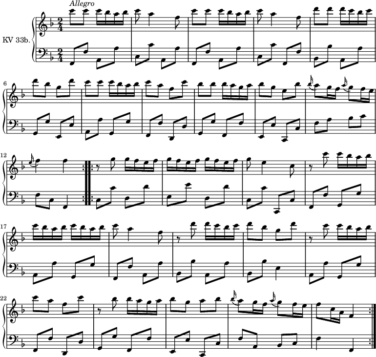 
\version "2.14.2"
\header {
  tagline = ##f
}
upper =  \relative c'' { 
         \clef "treble" 
         \tempo "Allegro" 
         \key f \major
         \time 2/4 
         \tempo 4 = 100
         \tempo "Allegro"          
         \set Staff.midiInstrument = #"dulcimer"

    \repeat volta 2 {  c'8^\markup \italic { Allegro } c c16 bes a bes
     c8 a4 f8
    c'8 c c16 bes a bes
    c8 a4 f8
    d'8 d d16 c bes c
    d8 bes g d'
    c8 c c16 bes a bes
    c8 a f c'
    bes8 bes bes16 a g a
    bes8 g e bes'
    \grace bes16 (a8) g16 f  \grace a16 (g8) f16 e
     \grace e16 (f4) f
    }
    \repeat volta 2 { 
     r8 g g16 f e f
     g f e f g f e f
     g8 e4 c8
     r8 c'8 c16 bes a bes
     c bes a bes  c bes a bes
     c8 a4 f8
     r8 d'8 d16 c bes c
     d8 bes g d'
      r8 c8 c16 bes a bes
      c8 a f c'
      r8 bes8 bes16  a g a
      bes8 g a bes
      \grace bes16 (a8) g16 f  \grace a16 (g8) f16 e
      f8 c16 a f4
    }
}
       
lower = \relative c {
        \clef "bass" 
        \key f \major
        \time 2/4 
        \set Staff.midiInstrument = #"harpsichord"
       
      \repeat volta 2 { 
     f,8 f' a, a'
     c, c' a, a'
     f, f' a, a'
     c, c' f,, f'
     bes, bes' a, a'
     g, g' e, e'
     a, a' g, g'
     f, f' d, d'
     g, g' f, f'
     e, e' c, c'
     f a bes c
     f, c f,4
      }
      \repeat volta 2 { 
     c'8 c' d, d'
     e, e' d, d'
     c, c' c,, c'
     f, f' g, g'
     a, a' g, g'
     f, f' a, a'
     bes, bes' a, a'
     bes, bes' e,4
     a,8 a' g, g'
     f, f' d, d'
     g, g' f, f'
     e, e' c, c'
     f a, bes c
     f4 f,
      }
}

\score {
  \new PianoStaff <<
    \set PianoStaff.instrumentName = #"KV 33b."
    \new Staff = "upper" \upper
    \new Staff = "lower" \lower
  >>
  \layout {
    \context {
      \Score
      \remove "Metronome_mark_engraver"
    }
  }
  \midi { }
}
