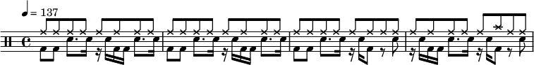 
#(define drumStyle '(
    (bassdrum default #f -3)
    (snare default #f 1)
    (ridecymbal cross #f 4)
    (crashcymbal cross #f 6)))
\new DrumStaff \with {
drumStyleTable = #(alist->hash-table drumStyle)
} {
  \time 4/4 \tempo 4 = 137
  \drummode { 
  <<
     { \repeat unfold 29 { cymr8 } cymc cymr8 8 }
     \\
     { \repeat unfold 2 { bd8 8 sn8. 16 r sn bd bd sn8. 16 }
       bd8 8 sn8. 16 r sn bd8 r sn r16 sn bd bd sn8. 16 r sn bd8 r sn }
  >>
 }
}
\layout { #(layout-set-staff-size 14) }
\midi {}
