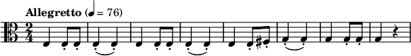 
\new Score {
  \new Staff {
    \relative c {
      \set Staff.midiInstrument = #"cello"
      \time 2/4
      \key a \minor
      \clef alto
      \tempo "Allegretto" 4 = 76
      e4 e8-. e-.
      e4-.(e-.)
      e e8-. e-.
      e4-.(e-.)
      e4 e8-. fis-.
      g4-.(g-.)
      g4 g8-. g-.  
      g4 r4      
    }
  }
}
